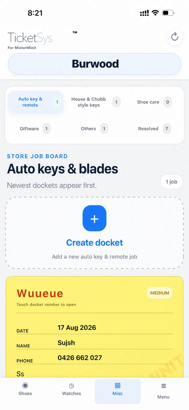Real TicketSys Misc job board screen