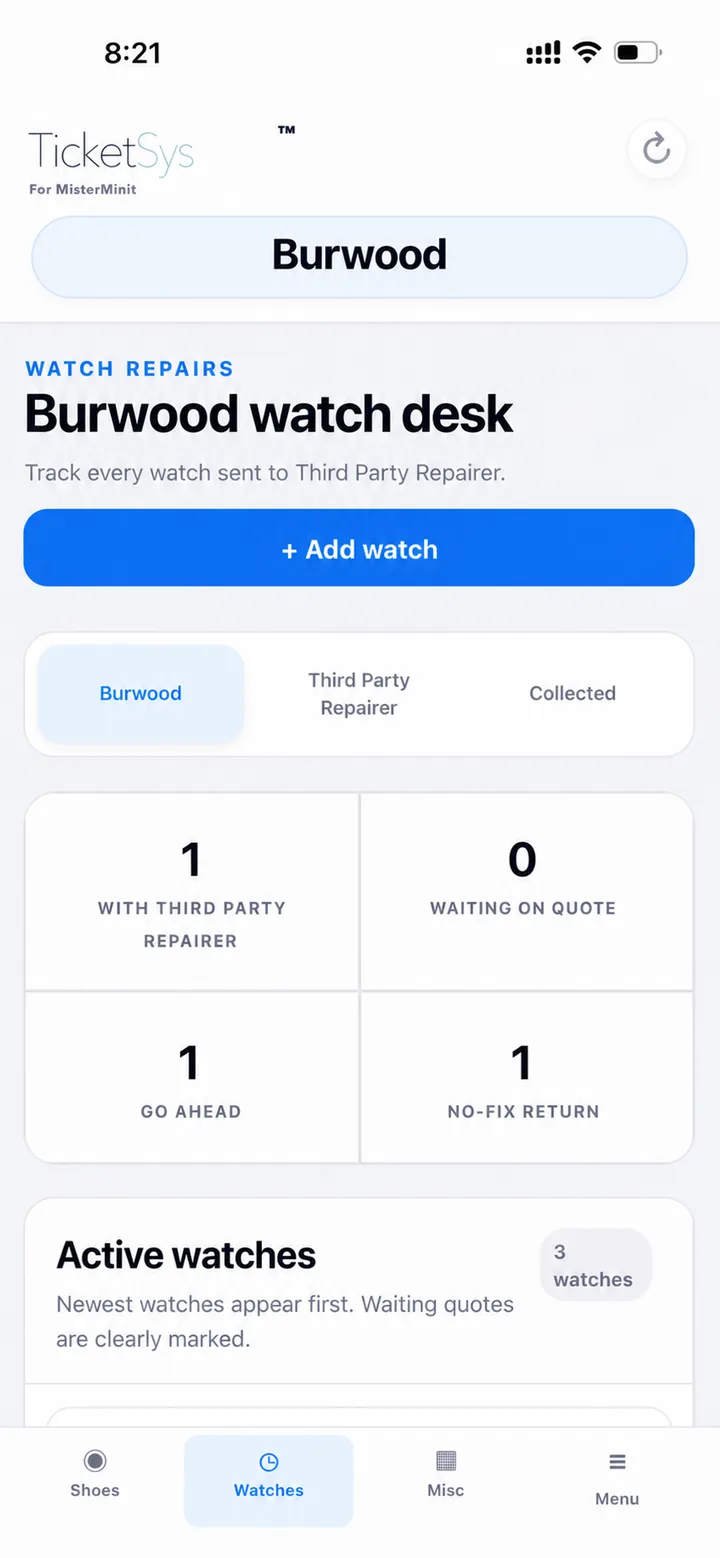 Real TicketSys Watches desk screen